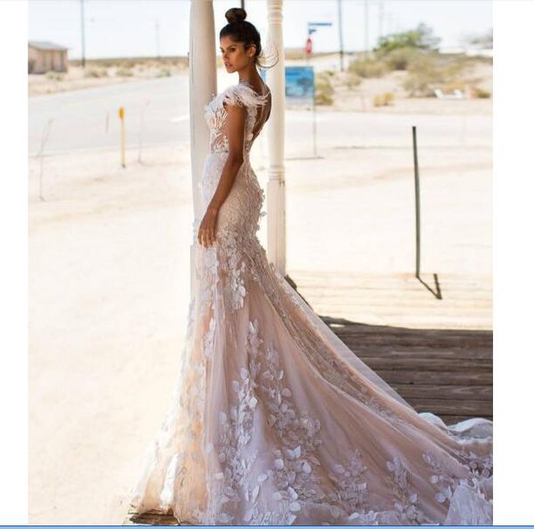 

new mermaid wedding dresses 2020 sheer v neck cap sleeveless backless lace bridal gowns vestido de noiva sereia, White
