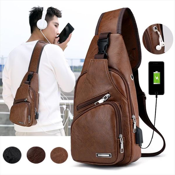 

waist bag men pu leather sling chest pack crossbody sport shoulder bag usb charging port