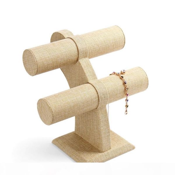 

grade burlap wooden bracelet watch jewelry display stand holder linen bangle headband holder two-layer, Black;white