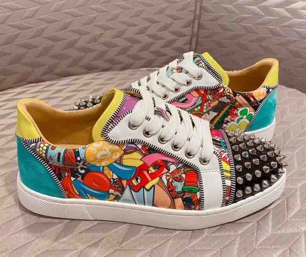 

luxurious-brand spikes orlato casual flat super loubi print red bottom sneakers graffiti patent leather cool outdoor sports gift, Black