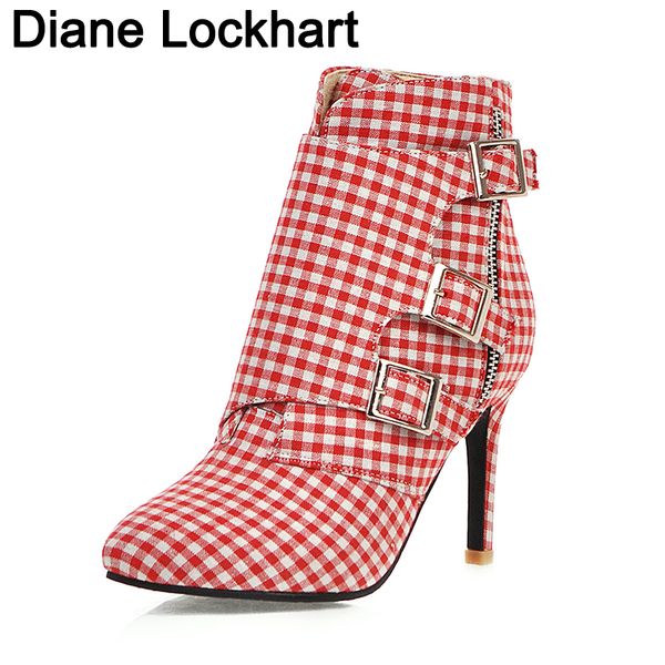 

2020 large size women boots fashion plaid pointed toe high heels women's shoes autumn winter ankle boots female size 31 32, Black