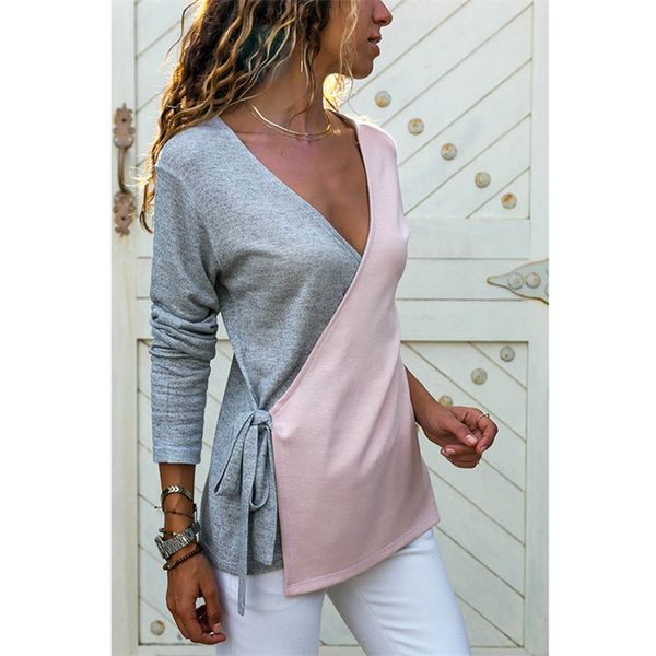 

женщины топы мода щитовые natural color cross кулиской tshirts casual v-образным вырезом с длинным рукавом футболки женские дизайнеры одежда, White