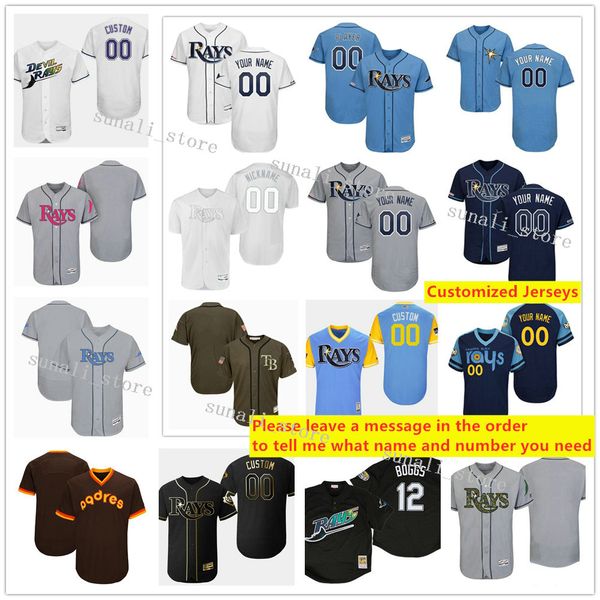 

stitched 12 wade boggs 13 manuel margot 34 trevor richards 26 ji-man choi 11 hunter renfroe 1 willy adames 46 jose alvarado jerseys, Blue;black