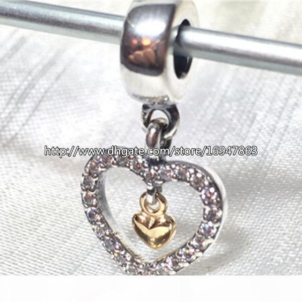 

925 sterling silver & 14k gold forever in my heart dangle charm bead with cz fits european pandora jewelry bracelets necklaces & pendants, Black