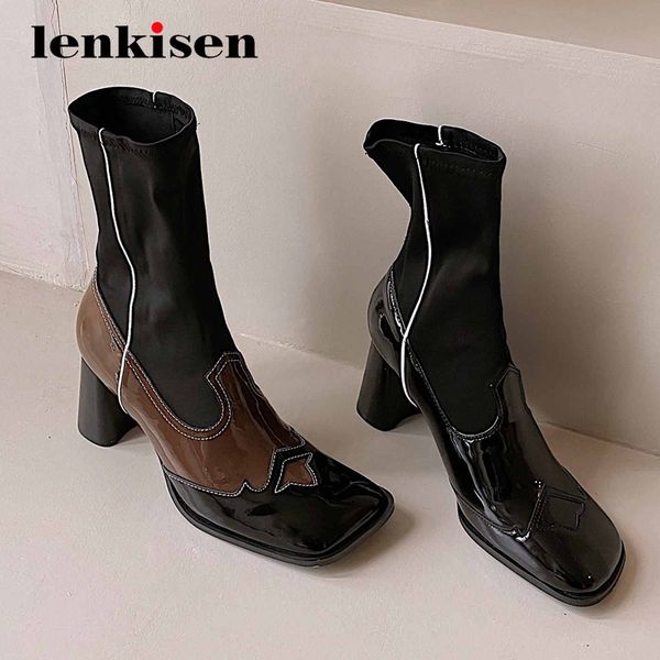 

lenkisen new sock boots genuine leather mixed colors classic square toe high strange heel slip on pretty girl mid-calf boots l25, Black