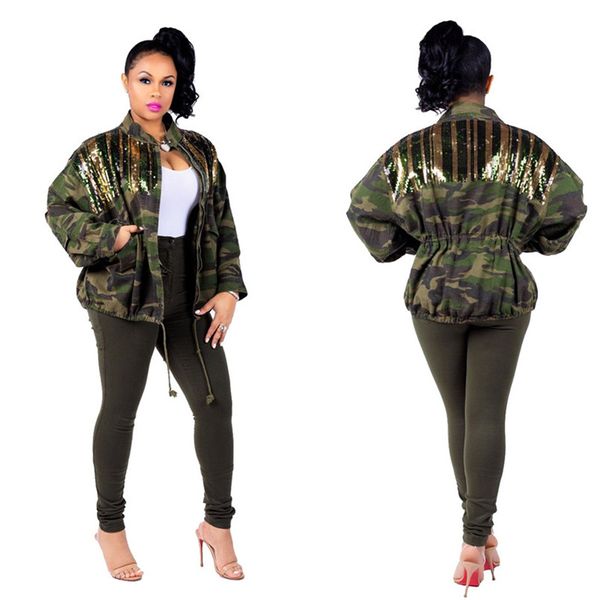 

autumn winter women matching camouflage sequin jackets coat ladies drawstring stand collar fashion wind designers clothing s-xxl ly8201, White