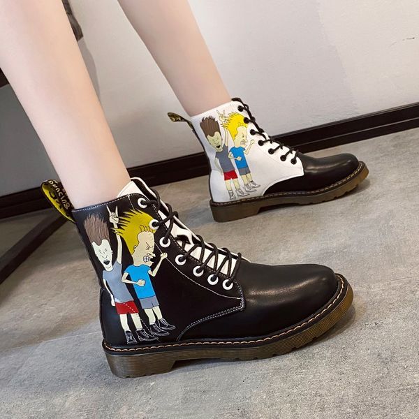 

boots autumn winter graffiti leather ankle for women shoes woman female lace up platform motorcycle plus size, Black