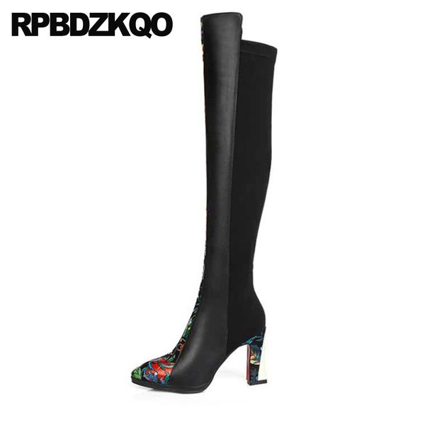 

колено высокие случайные ботинки женщин зима 2020 цветок напечатанный коренастый пятки заостренный носок сексуальный цветочный принт остроко, Black