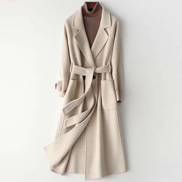 

autumn elegant wool coat women winter woman coats 2020 korean fashion ladies cashmere long jacket+belt slim outwear lw805, Black