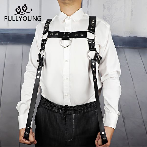

fullyoung black rivet leather harness belts men bondage adjustable chest strap muscle curve outline suspender waist jeans garter, Black;brown