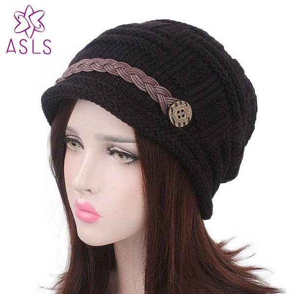 

new fashion casual winter ladies hat beanie cabled checker pattern knit hat button strap cap warm for women, Blue;gray