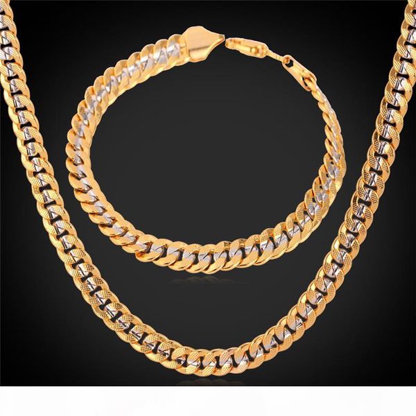 

6mm gold chain 18k stamp men women 18k two tone gold plated curb chain necklace bracelet set, Silver