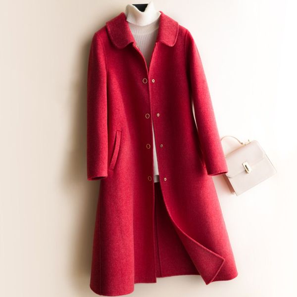 

2020 new fashion double-sided cashmere coat female cloth coat paragraph red long wool for women pure wool, Black