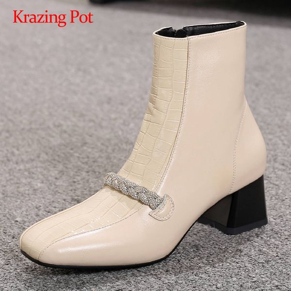 

krazing pot big size sheep leather stone pattern chain decorations square toe thick high heel zipper young lady ankle boots l77, Black