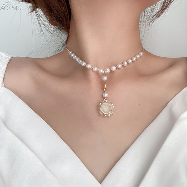 

aomu 2020 new korea retro temperament pearl necklace resin geometric pendant clavicle chain for women wedding jewelry gifts, Silver