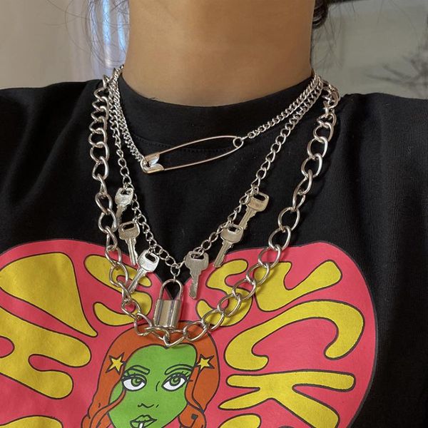 

gothic layered padlock keys pedant necklace for women punk 3pcs/set men hip-hop pin choker necklace rock lovers collar jewelry, Silver