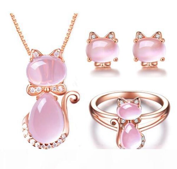 

rose gold color cute cat ross quartz pink opal jewelry necklace ring sets for women girls children gift choker, Silver