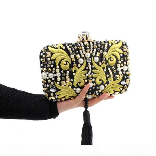 

designer pearl beads diamonds gold embroidery clutch black tassels crystal evening bag bridal wedding handbag with chain jxy636