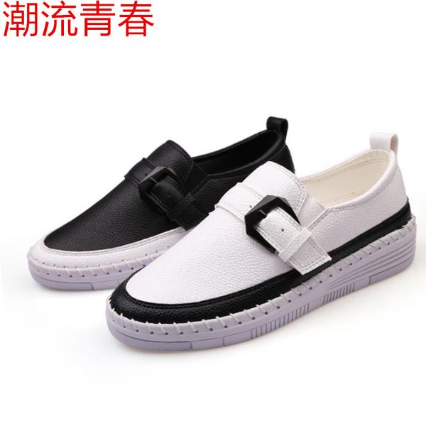 

women casual shoes platform mixed colors platform shoes woman leather buckle strap loafers women thick bottomed flats, Black