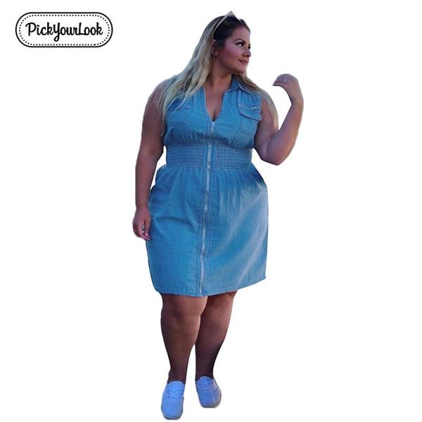 

summer size plus blue mini large femme women sleeveless pocket vestidos dress zipper denim female robe lady pickyourlook dresses xzesc, Black;gray