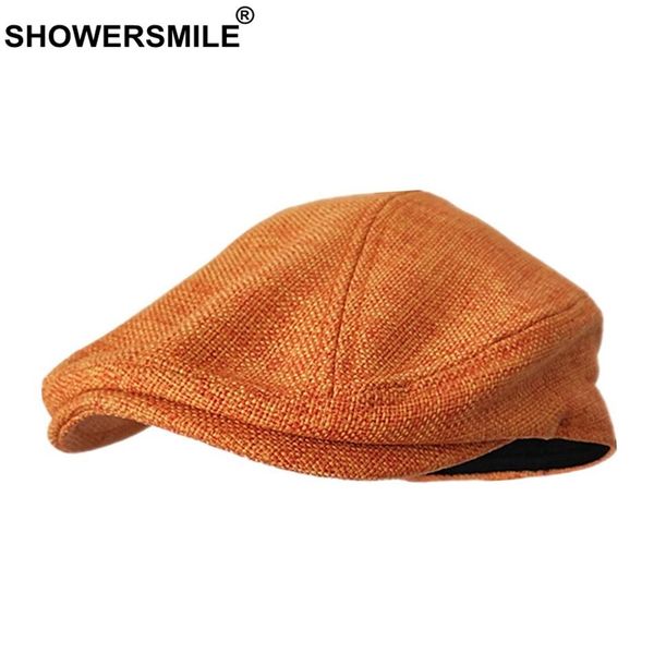 

showersmile berets caps for women orange cotton linen flat men classic solid colorful duckbill cap summer retro hats y200110, Blue;gray