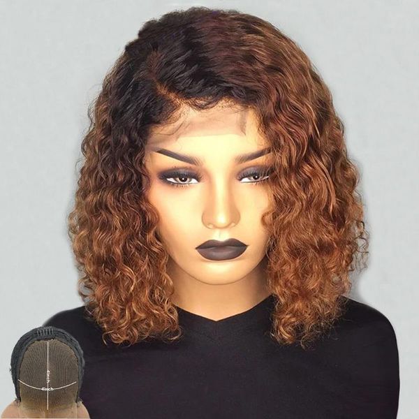 

lace wigs atina honey blonde ombre highlight wig curly short bob human hair natural hairline 4x4 closure bleach konts remy, Black;brown