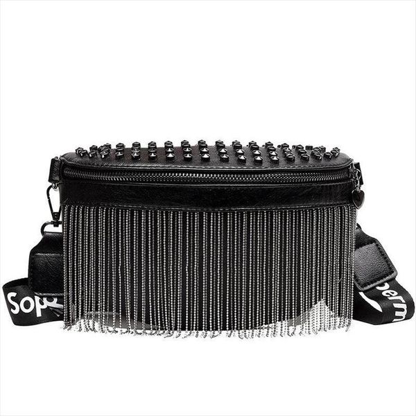 

women punk rivet waist bags tassel cool fanny pack leather chest belt bags crossbody shoulder phone money bum hip purse234j
