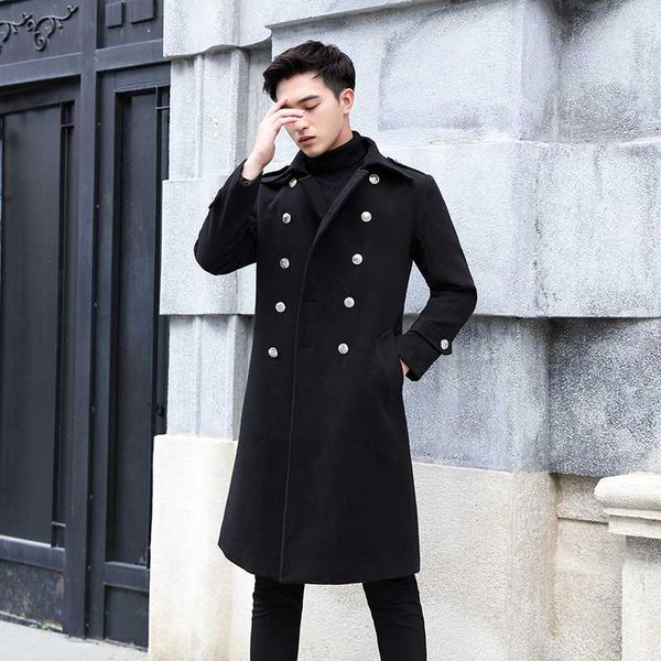 

2020 autumn winter fashion uniform long black trench coat men fashion pocket decoration double-breasted woolen coat men, Tan;black