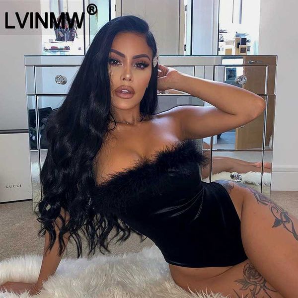 

lvinmw black slash neck fur patchwork skinny bodysiut 2020 spring women off shoulder backless romper female club, Black;white