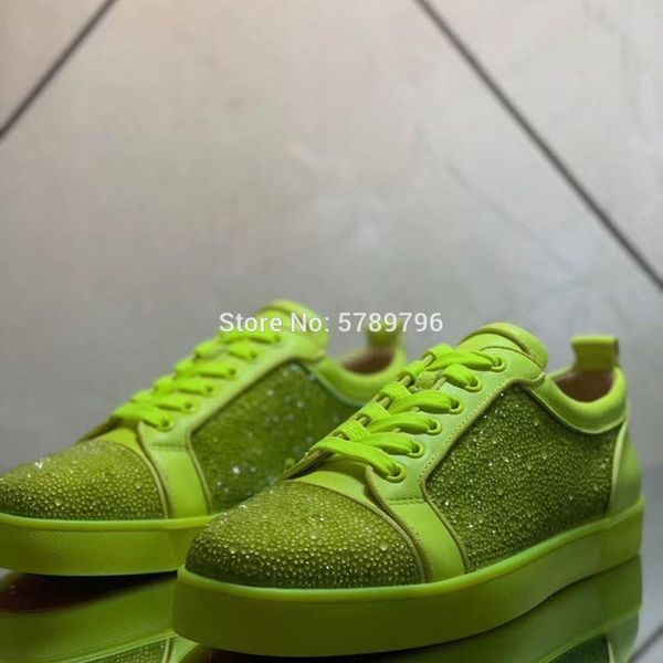 

red bottom fluorescent green leather crystal for men flat casual shoes fashion loafers no rivets runway low cut lace up sneakers, Black