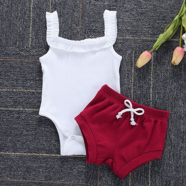 

лето новорожденных infant baby girl оборками ремень сплошной цвет ромпер tops шорты комплект летних костюмы, White