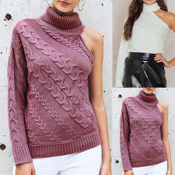 

sweater women 2020 fashion long sleeve knitted one shoulder jumper solid pullover pull femme hiver clothes streetwear, White;black