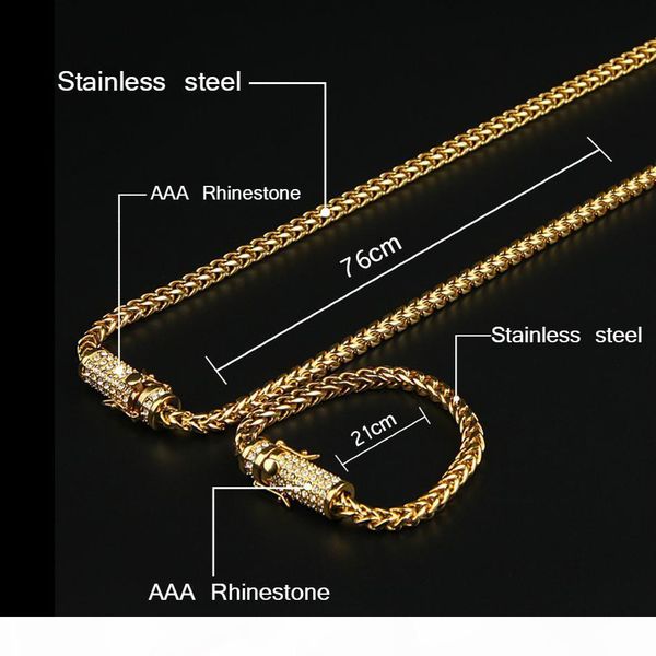 

mens stainless steel franco cuban box chain necklace bracelet set iced out rhinestone mens hip hop necklace jewelry set, Silver