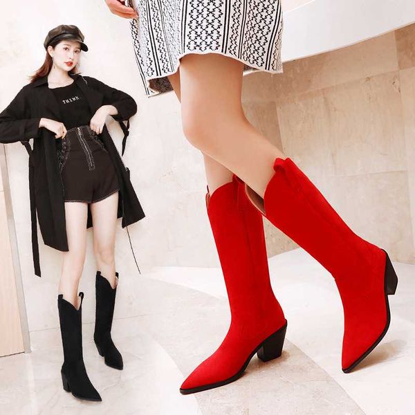 

boots women western rodeo cowboy vintage casual suede low-heele pointy head long boots ladies shoes botas muje, Black