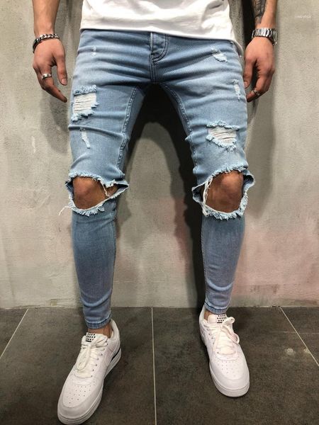 

teenager boy hiphop ripped jean pants hi street skateboard holes designer jeans mens slim fit, Blue