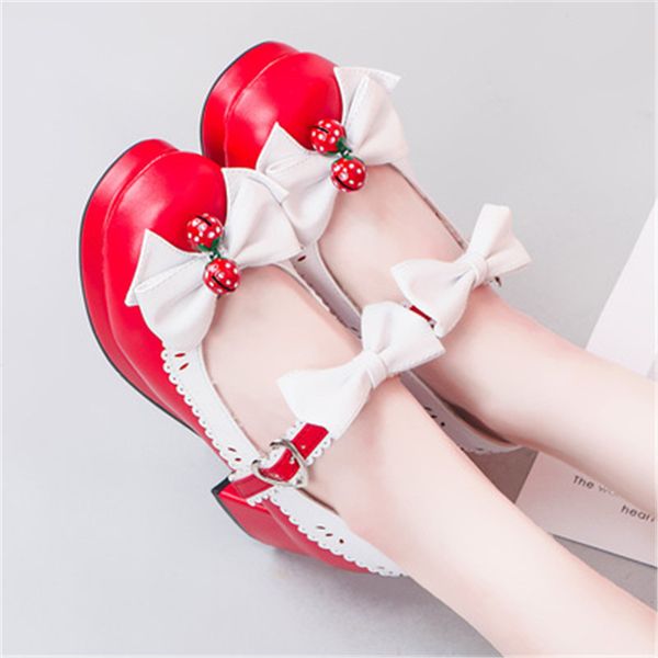 

lolita maid women high heel shoes personality strawberry bells bowknot princess lolita shoes round head thick heel cosplay, Black