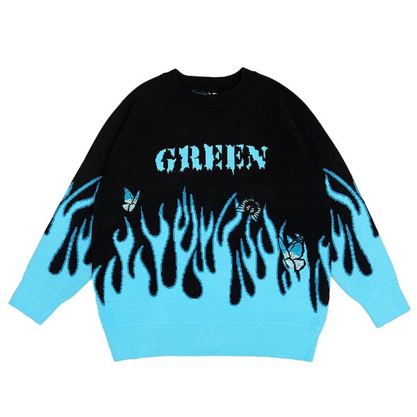

men hip hop jumper sweaters butterfly fire flame pattern streetwear harajuku knitted pullover fashion couple o-neck sweater, White;black