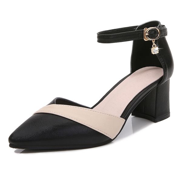 

female thick heel pointed high-heeled shoes hollow female high-heeled shoes new button buckle sandals, Black