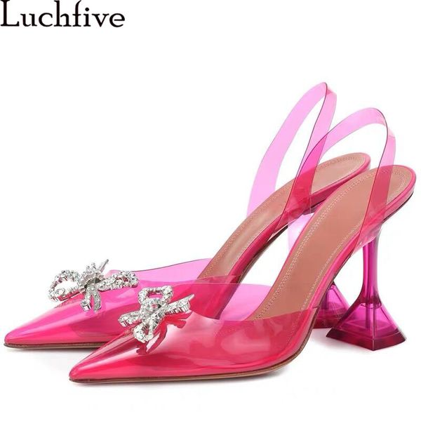 

blingbling bowtie clear sandals women cup high heels party shoes pointy toe pvc slingbacks rose red shoes woman, Black