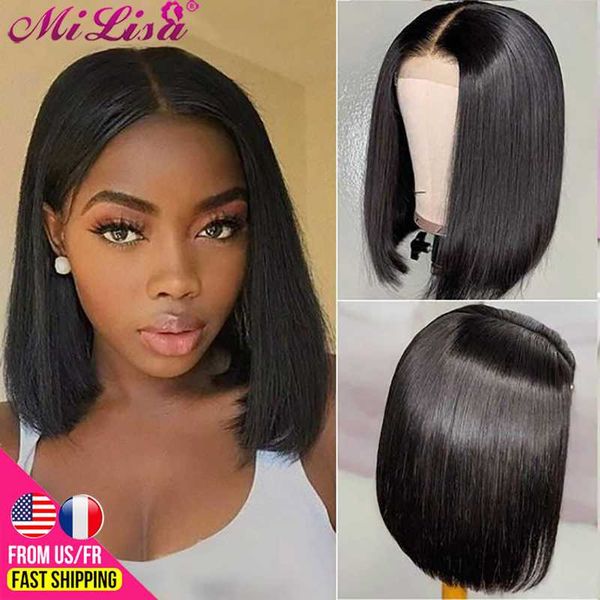 

lace wigs 13x4 short bob straight front wig for black women brazilian remy hair middle part 2x6 closure transparent, Black;brown