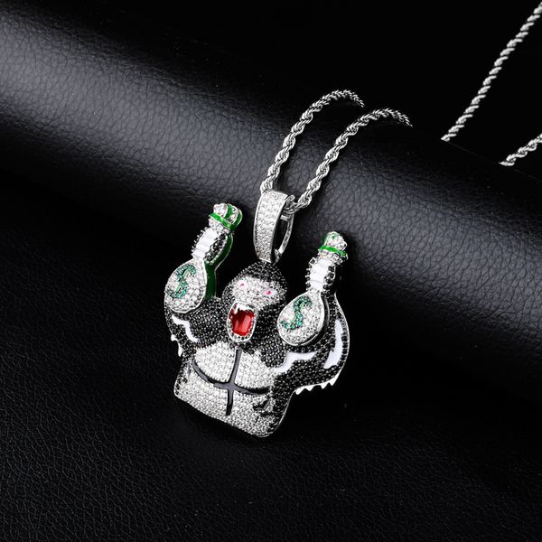

hip hop cubic zirconia bling iced out gorilla holding us dollar money bag pendants necklace for men rapper jewelry, Silver