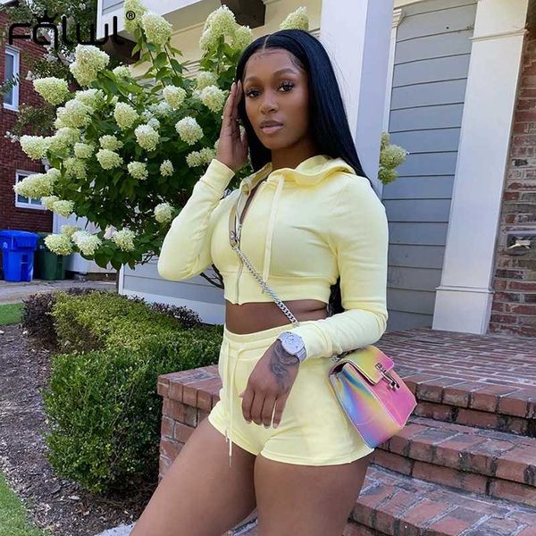 

women's tracksuits fqlwl streetwear two piece set women outfits elastic long sleeve hooded female 2 biker shorts matching sets 2021, Gray