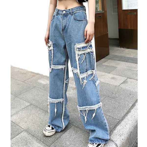 

джинсы женские повседневная широкий ноги кальсон женщин высокой талией джинсы проблемные для штор зачистке пола отверстие scratched сыпучие, Blue