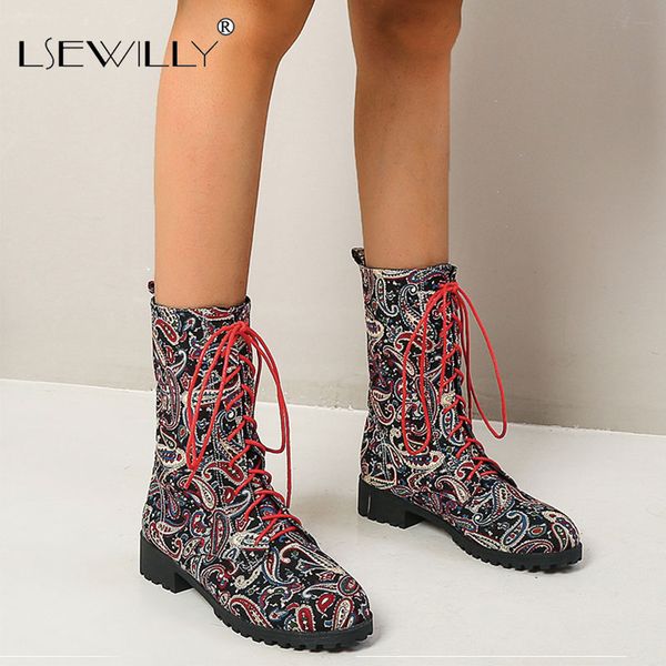

lsewilly mid calf boots med heel woman boots block heel shoes lace up mixed color ladies autumn winter blue yellow, Black