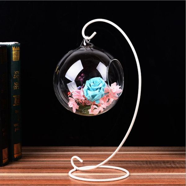 

diameter=10cm transparent glass terrarium vase white metal stand wedding decoration prop glass hanger friend birthday gift