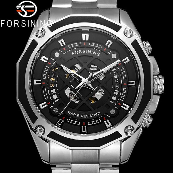 

forsining automatic mechanical men wristwatch sport male clock silver steel skeleton man watch 8164, Slivery;brown