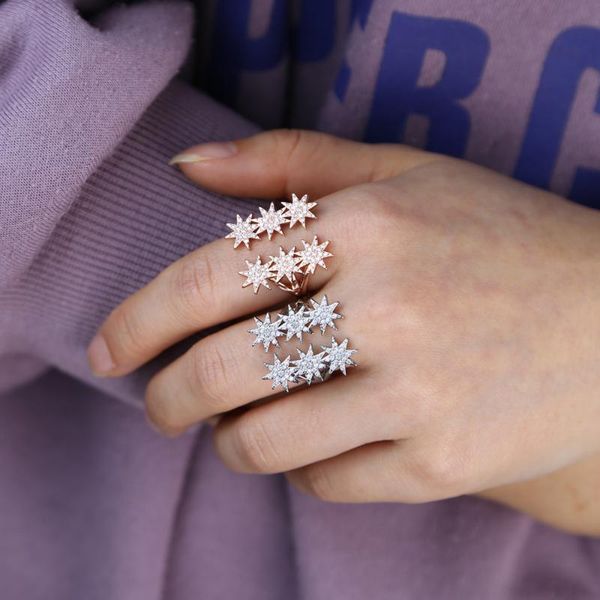 

cz 6pcs sun rings women girl jewelry luxury clear cubic zirconia cz star finger rings midi kunckle open adjust jewelry 2020 new, Golden;silver