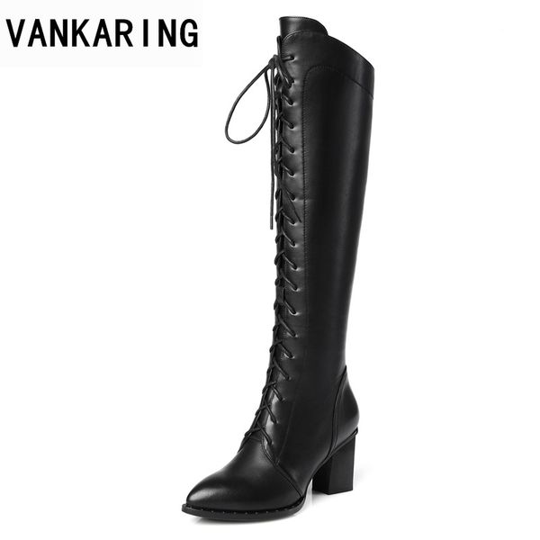 

vankaring women autumn winter knee high boots shoes high heels pointed toe zipper black brown shoes woman long riding boots