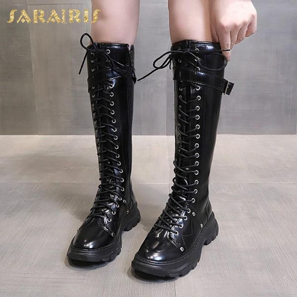 

sarairis fashion 2020 square heels mid calf boots woman shoes zip up comfortable cross-tied motorcycle boots fashion, Black