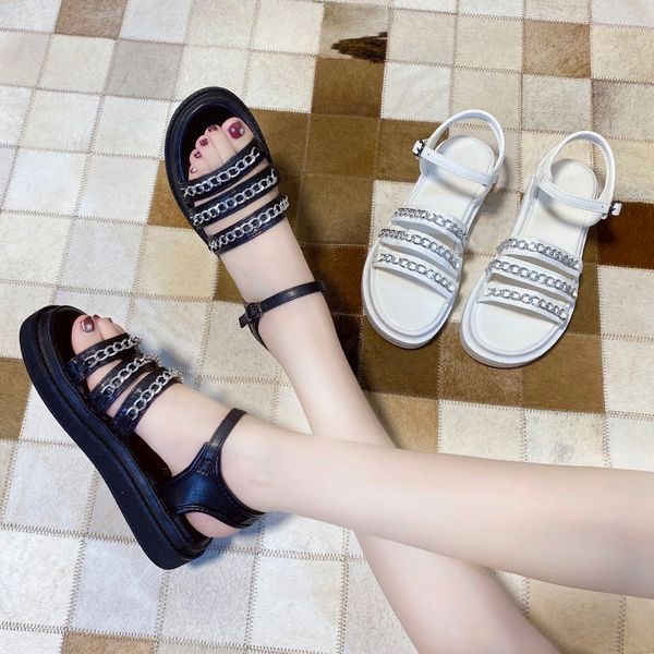 

2020 summer new fashion wild beach shoes simple sandals female thick bottom increased open toe buckle sandals x095, Black